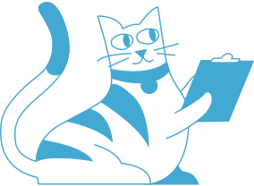 Illustration of blue and white cat with clipboard